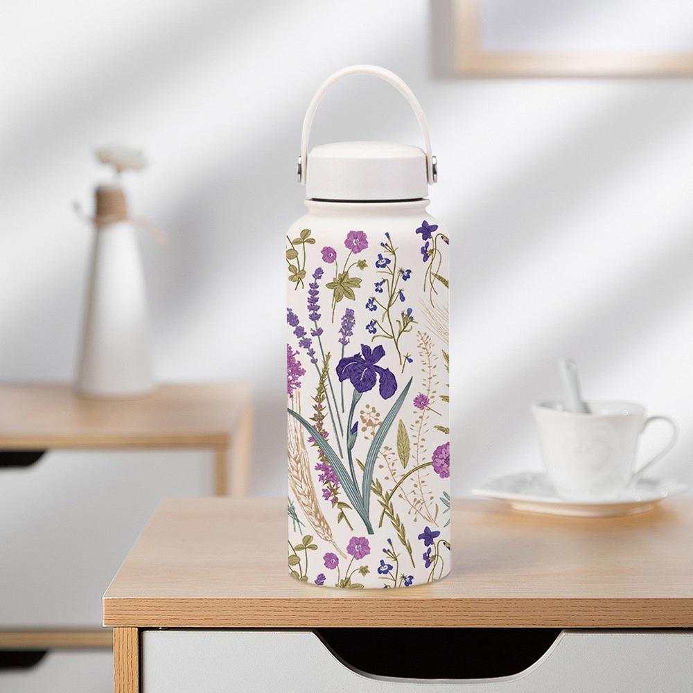 1000ml Stainless Steel Insulated Bottle Thickened Large Capacity Sports Water Bottle Wide Mouth with Handle Printed Cup