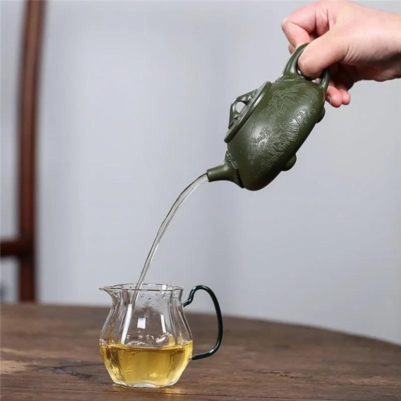 Yixing Original Mine Green Clay Handmade Carved Purple Clay Teapot Landscape Ruyi Stone Ladle Purple Sand Pot Chinese Teapot
