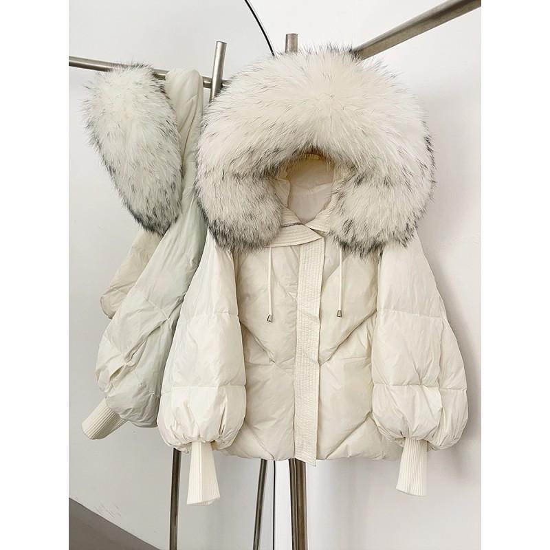 Womens Hooded Down Coat With Raccoon Fur Trim Knit Sleeve Loose Fit Mid-Length Warm Winter Jacket