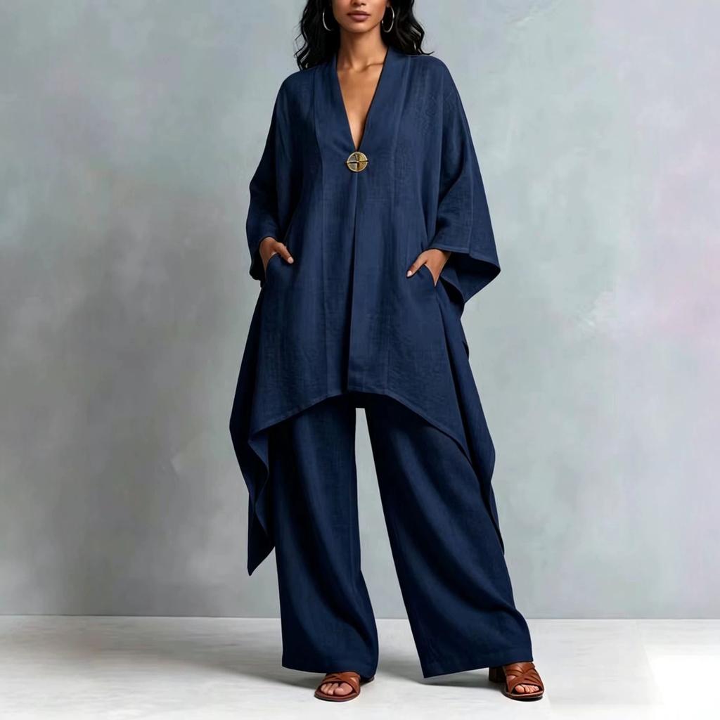 1116 spring and summer European and American women's clothing new cotton and linen irregular long-sleeved loose wide-leg pants two-piece set