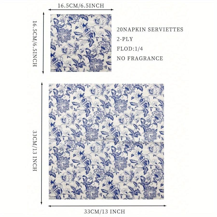 20pcs/Set Disposable Retro Blue Flower Printed Decoupage Napkins 13x13inch, Suitable for Weddings, Birthdays, Holidays