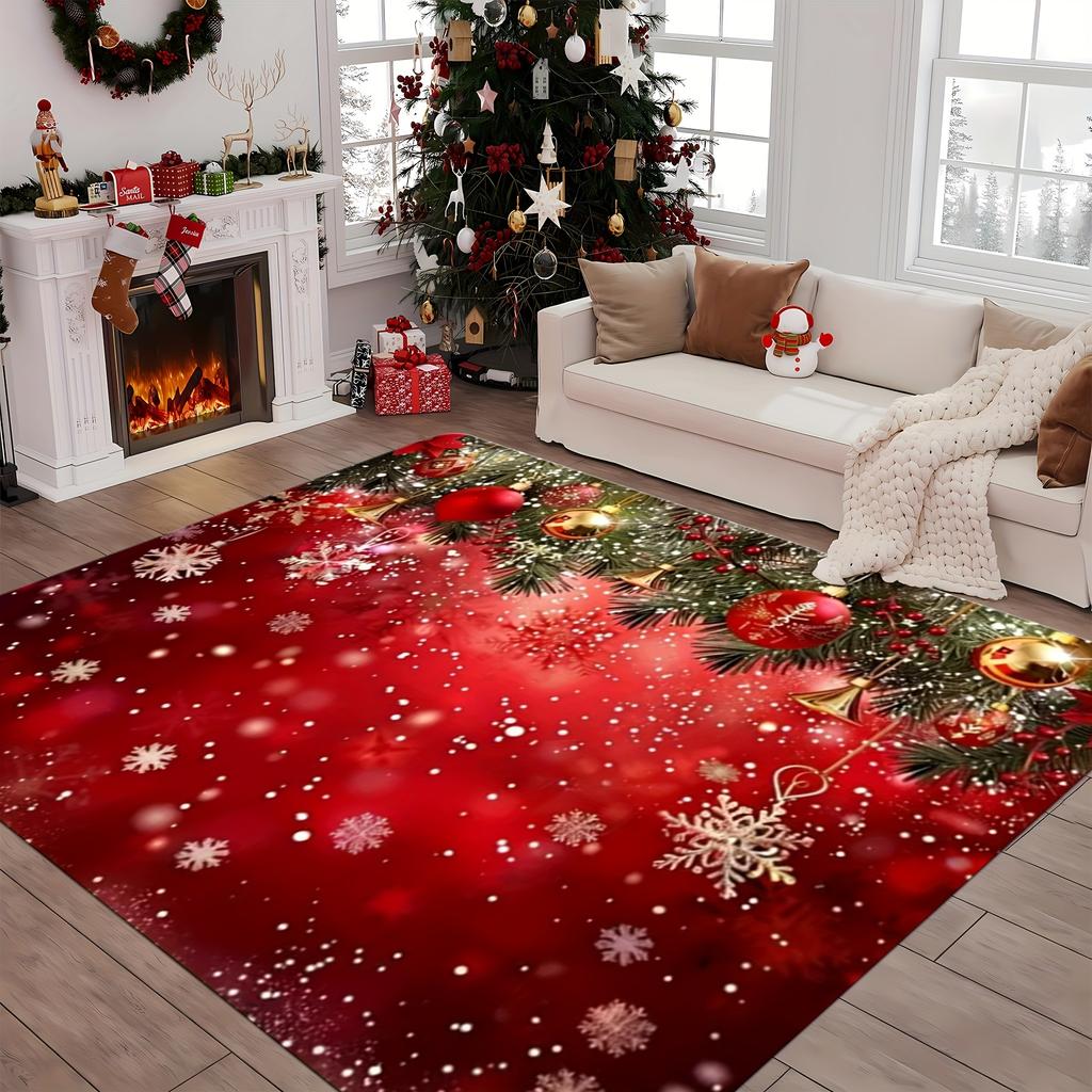 Pine Branch Bauble Star Christmas Doormat Red Winter Sparkle Print Indoor Floor Rug Merry Xmas Holiday Area Carpet