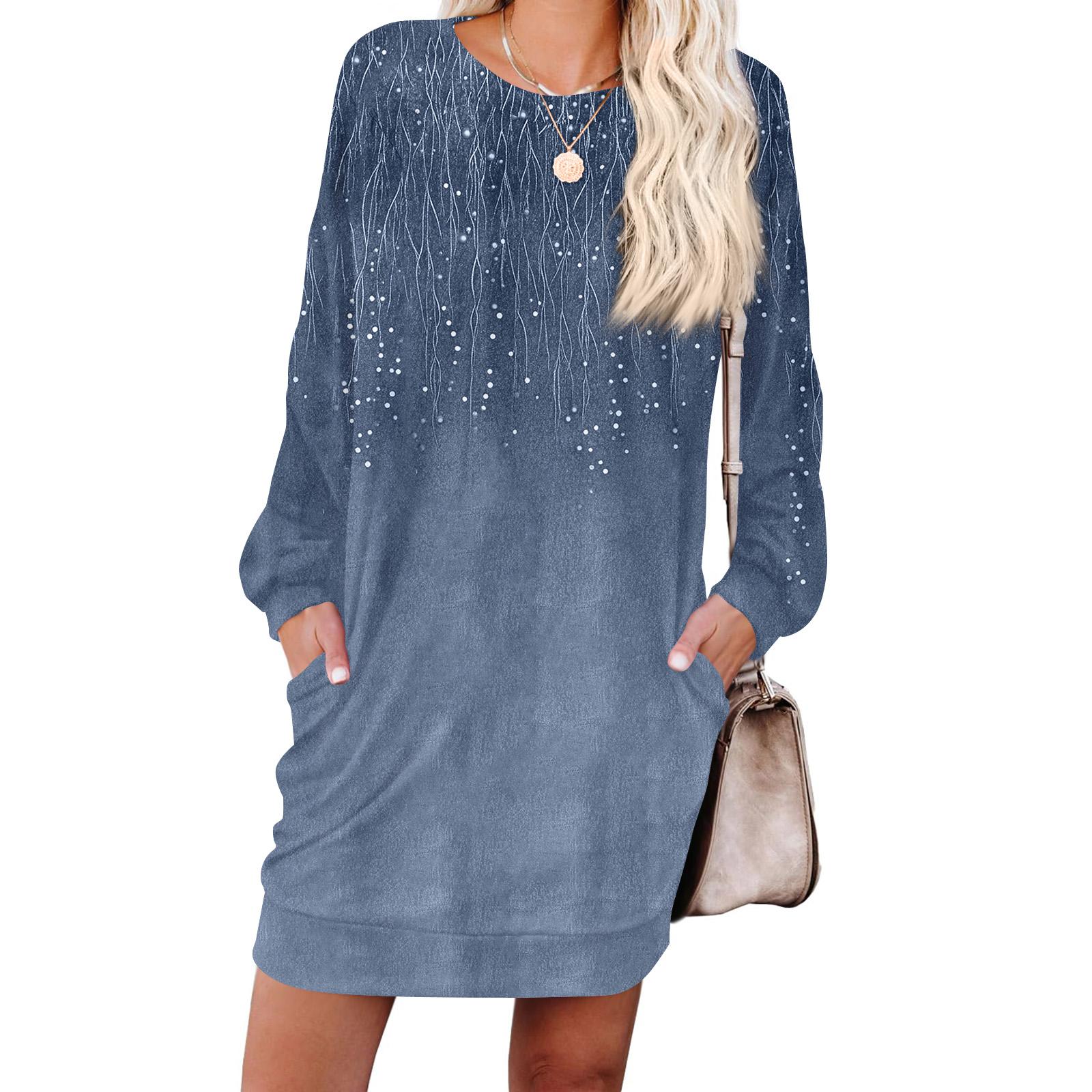 

Женское модное платье с ретро-принтом, с длинным рукавом, круглым вырезом и карманом XXL