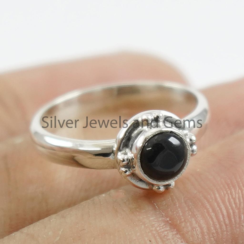 Handmade Round Black Onyx Ring, 925 Sterling Silver, December Birthstone