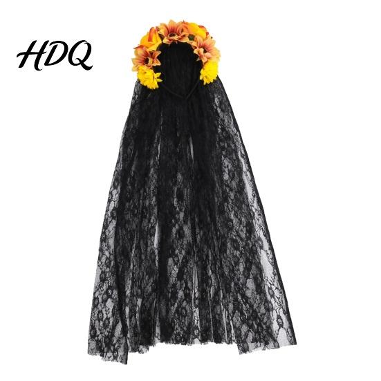Integrated Headband Gothic Style Hair Hoop Hollow See-Through Lace with Simulated Flowers