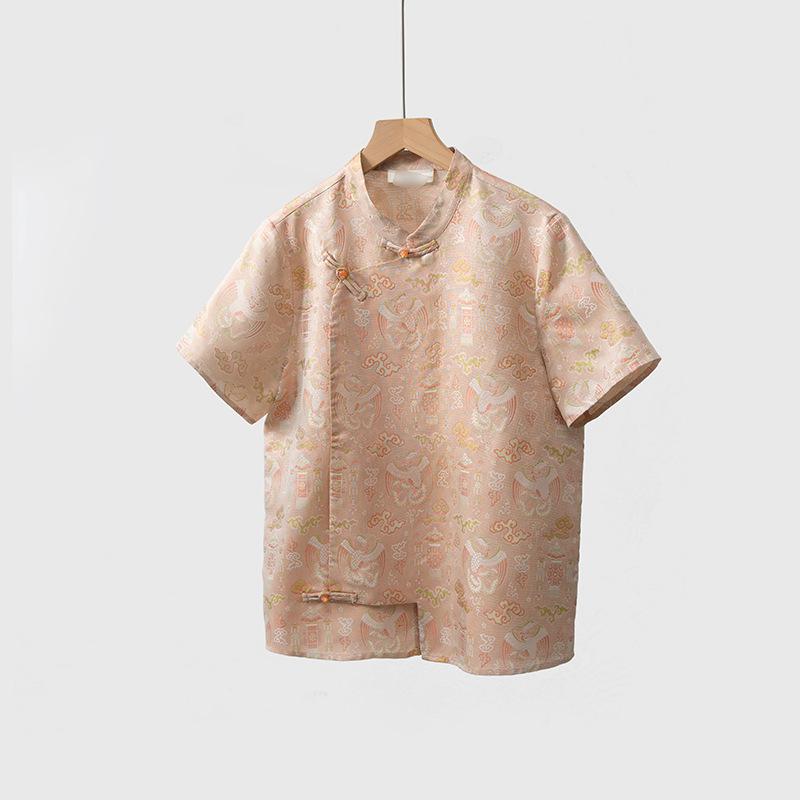 

Two-Tone Mulberry Silk Chinese Style Short-Sleeved Blouse with Jacquard Stand-Up Collar Large