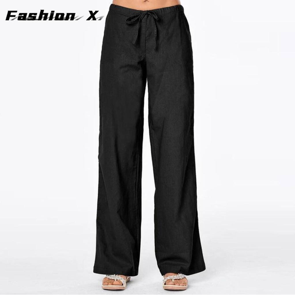 Große Größe frauen Elastische Taille Lange Leinen Casual Lose Breite Bein Hosen