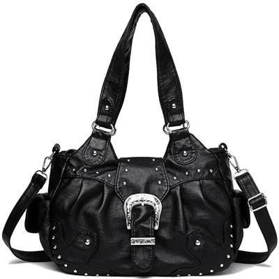Stylish Leather Handbag with Silver Studs and Metal Buckle Women High Capacity Vintage Soft Leather Ladies Casual Shoulder Crossbody Bag Travel