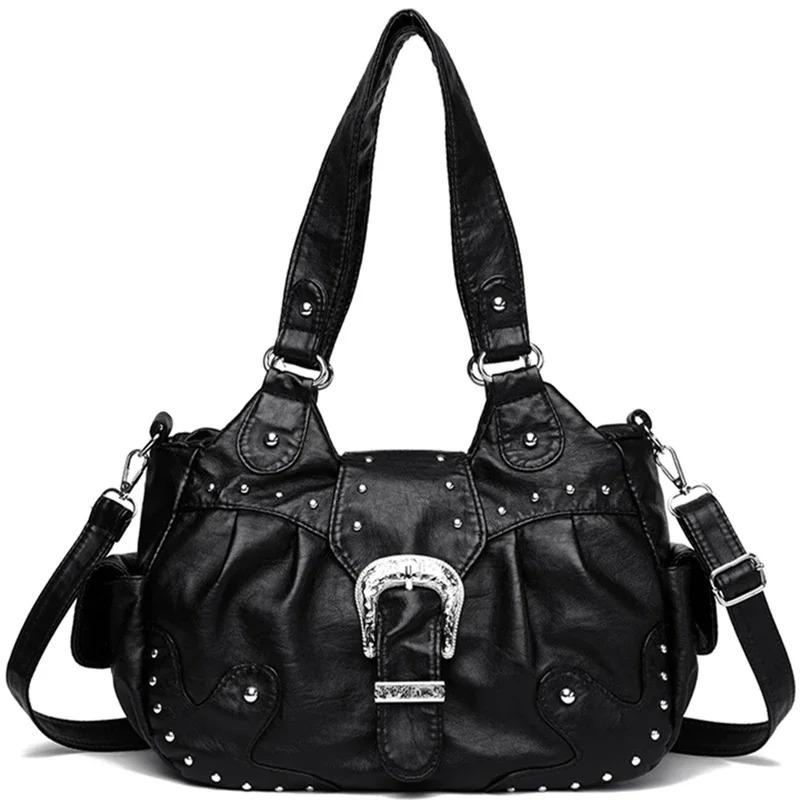 Stilvolle Lederhandtasche mit silbernen Nieten und Metallschnalle Damen Hohe Kapazität Vintage Weiches Leder Damen Lässige Schulter-Umhängetasche Reise