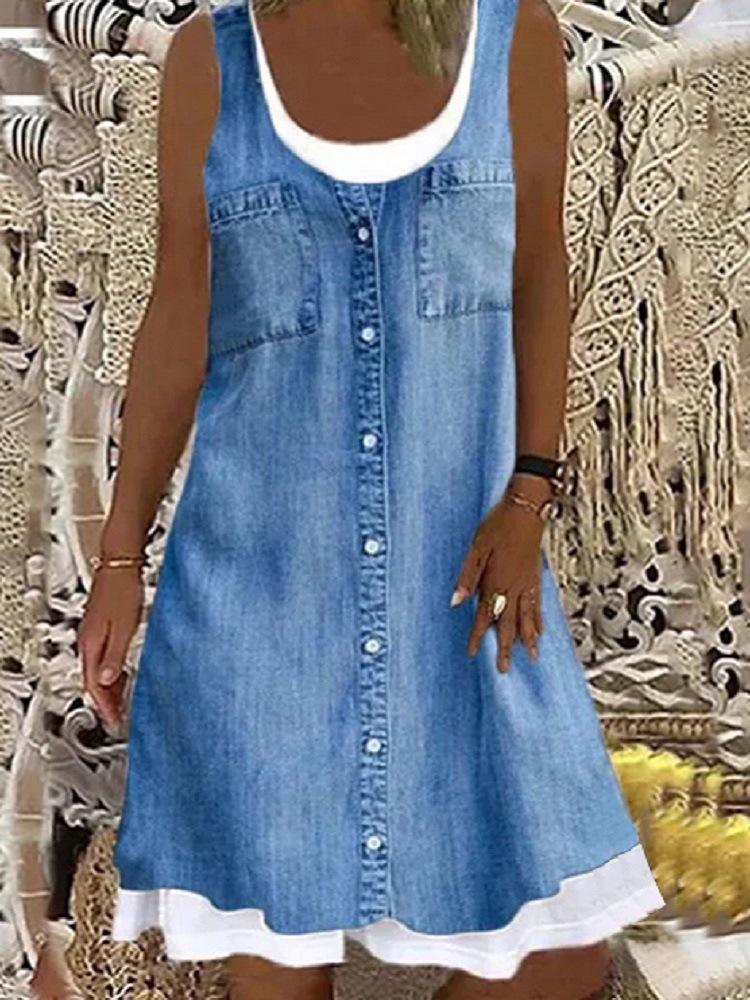 Fashionable Fake Two Denim Printed Casual Dresses