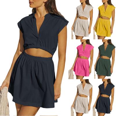 Women's Fashion Casual V-Neck Solid Colour Carefully Slim Waisted Lapel Neck Waistless Short Dresses