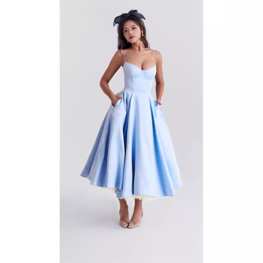 Sexy Women's Clothing New Style Strappy V-Neck Sleeveless Dress with Ruffles and Long Skirt