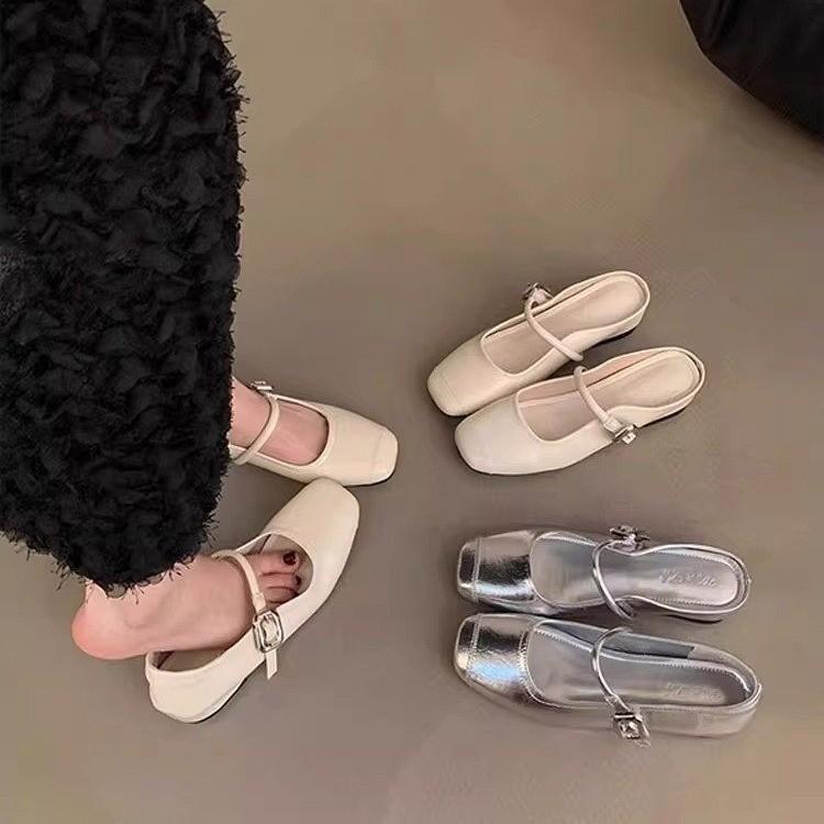 Korean Version of One Word with Mary Jane Single Shoes Inner Height Increase Women's Shoes Summer French Silver Half Slippers Bag Head Sandals Women