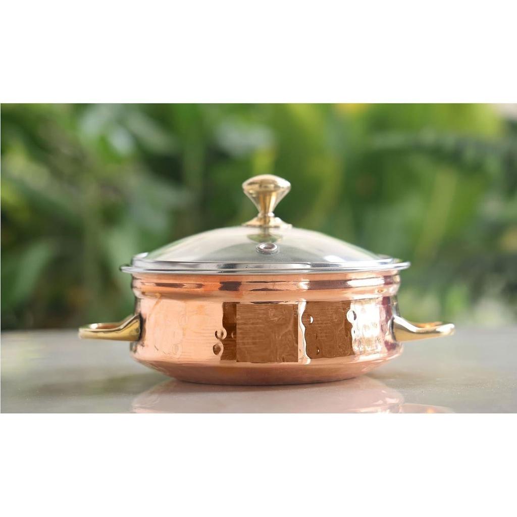 Steel Copper Handi Bowl with Glass Lid, for Serving Dishes, Tableware, Kitchenware for Home and Restaurant 500 ML