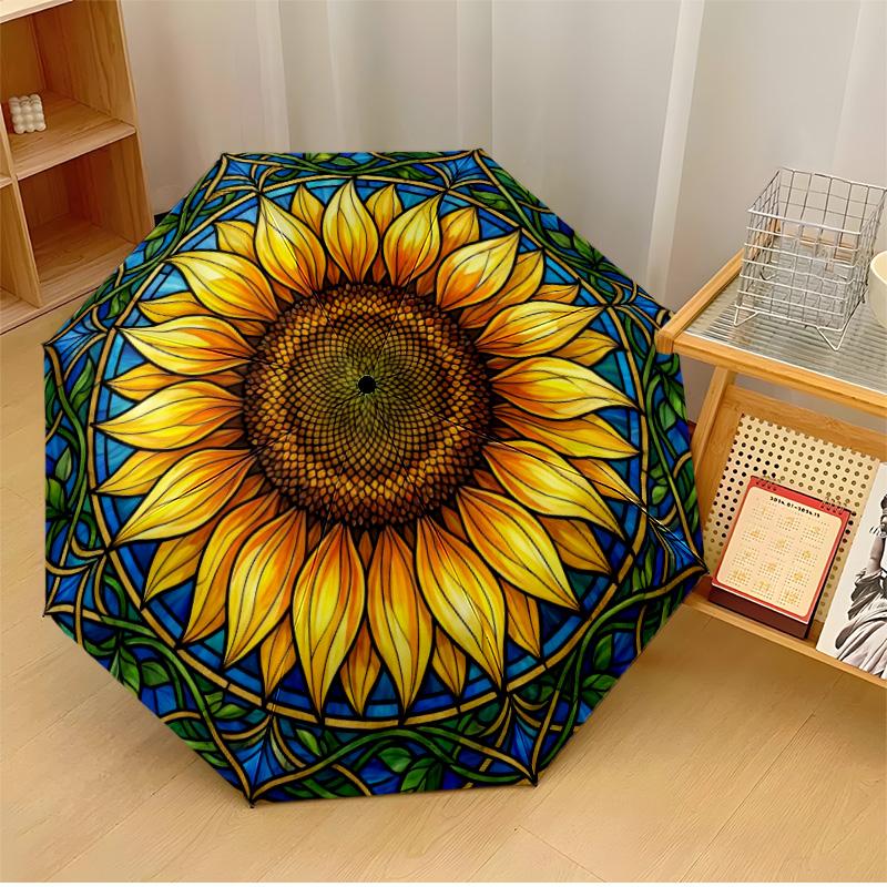 Retro Sunflowers Printed Umbrella Windproof Folding Umbrella Portable Sun and Rain Umbrella Suitable for Gifting