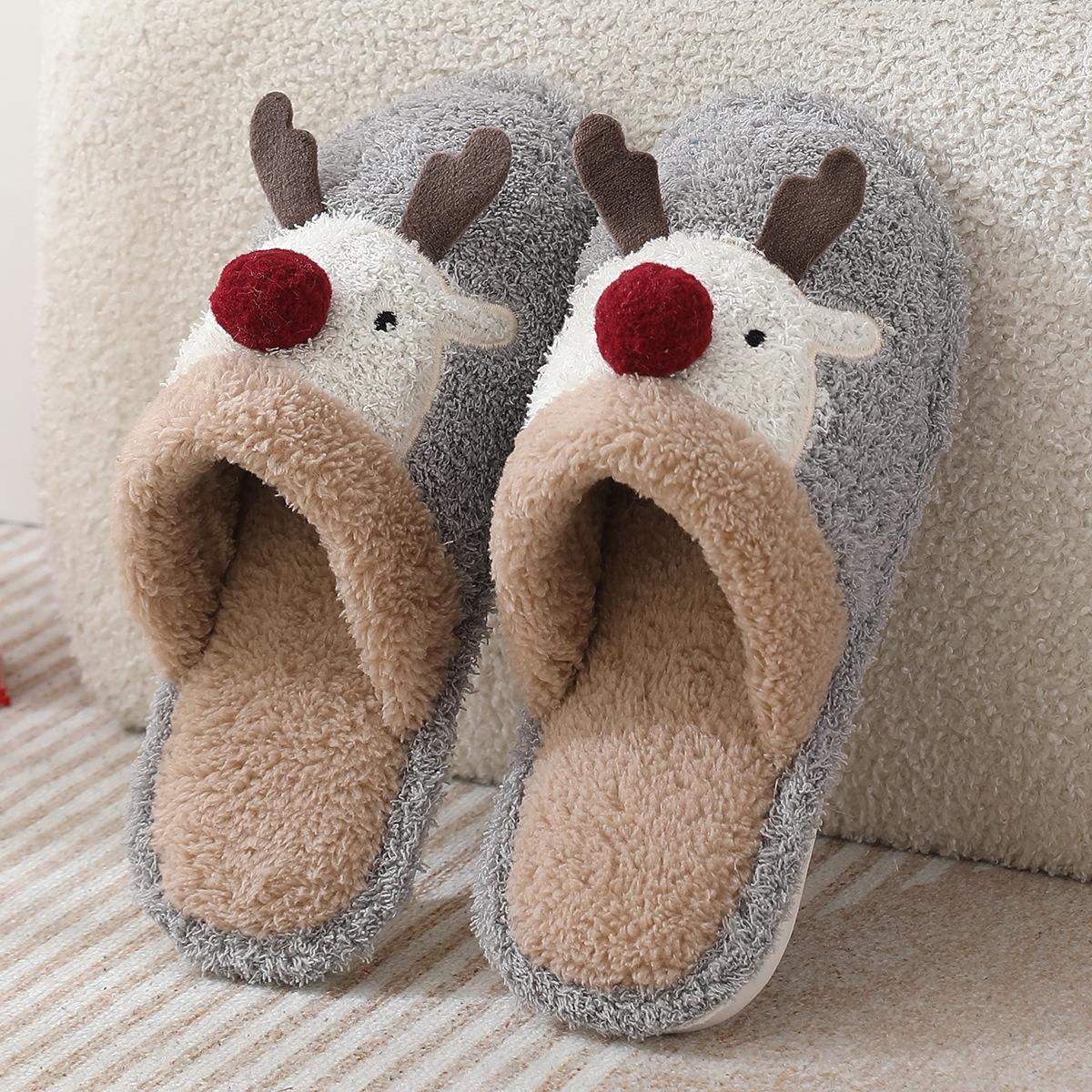 

Женские зимние хлопковые тапочки с оленями, Нескользящая пушистая домашняя обувь для пар 36-37 серый