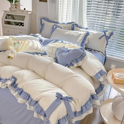 Conjunto de Cama Estilo Princesa Coreana Cor Sólida Coração Menina Lençóis de Casal Algodão Lavado Babados Colcha Saia de Cama Lençol Edredom