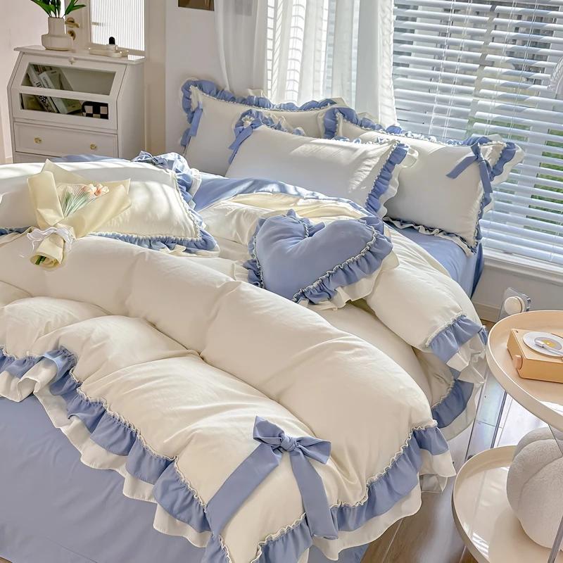 Korean Princess Style Bedding Set Girl Heart Solid Color Double Bed Sheets Washed Cotton Ruffled Bed Cover Skirt Sheet Quilt Set