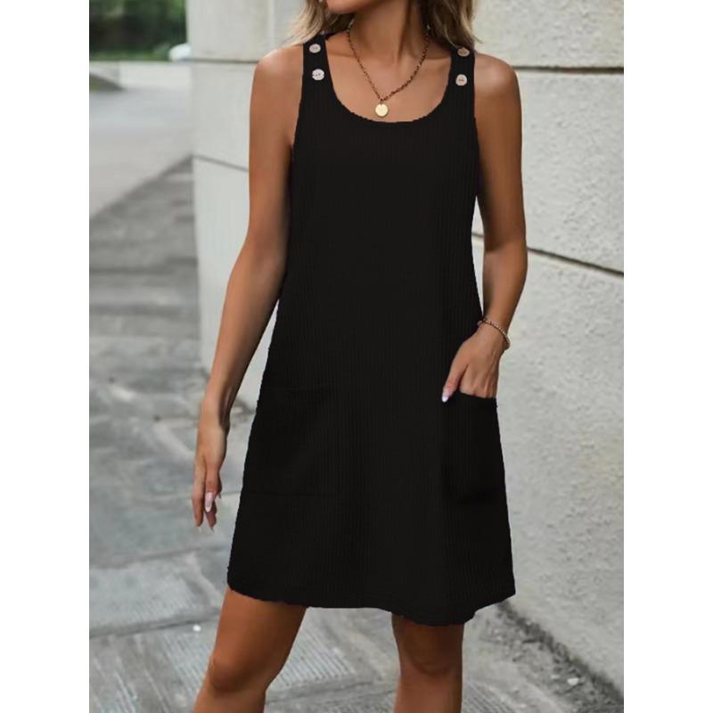 YYFS Women's Fashion Summer Spring Solid Color Print Sleeveless U-Neck Loose Waistline Casual Dresses