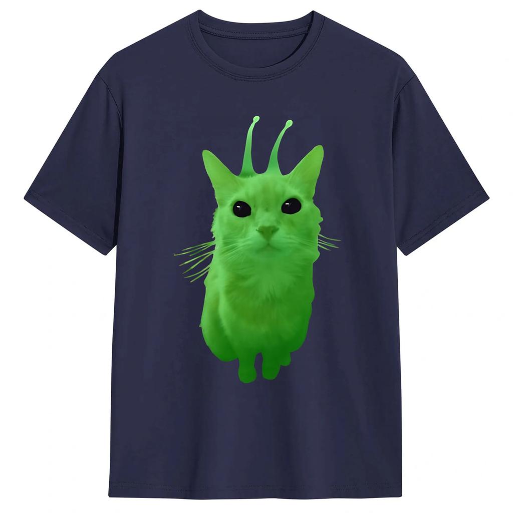 Green Alien Cat Meme Unisex T Shirts Funny Tee Shirt Short Sleeve Round Neck TShirt Pure Cotton 4XL 5XL Clothes