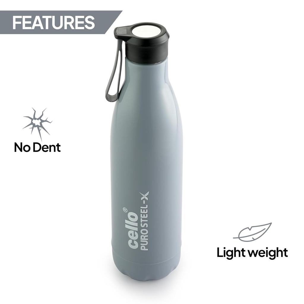 Insulated Steel Water Bottle For Travel Gym Office Use | Leakproof Cold Drink Flask With BPA-Free Safe Lid | Sleek Grey Design With 720ml Capacity
