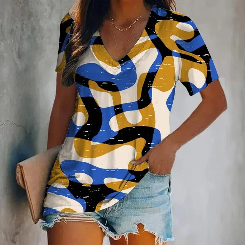 New Summer Women Vintage T-shirt Leopard Print V-Neck Tops Tees Female Fashion Short Sleeve Clothing Ladies Daily Casual Outfit