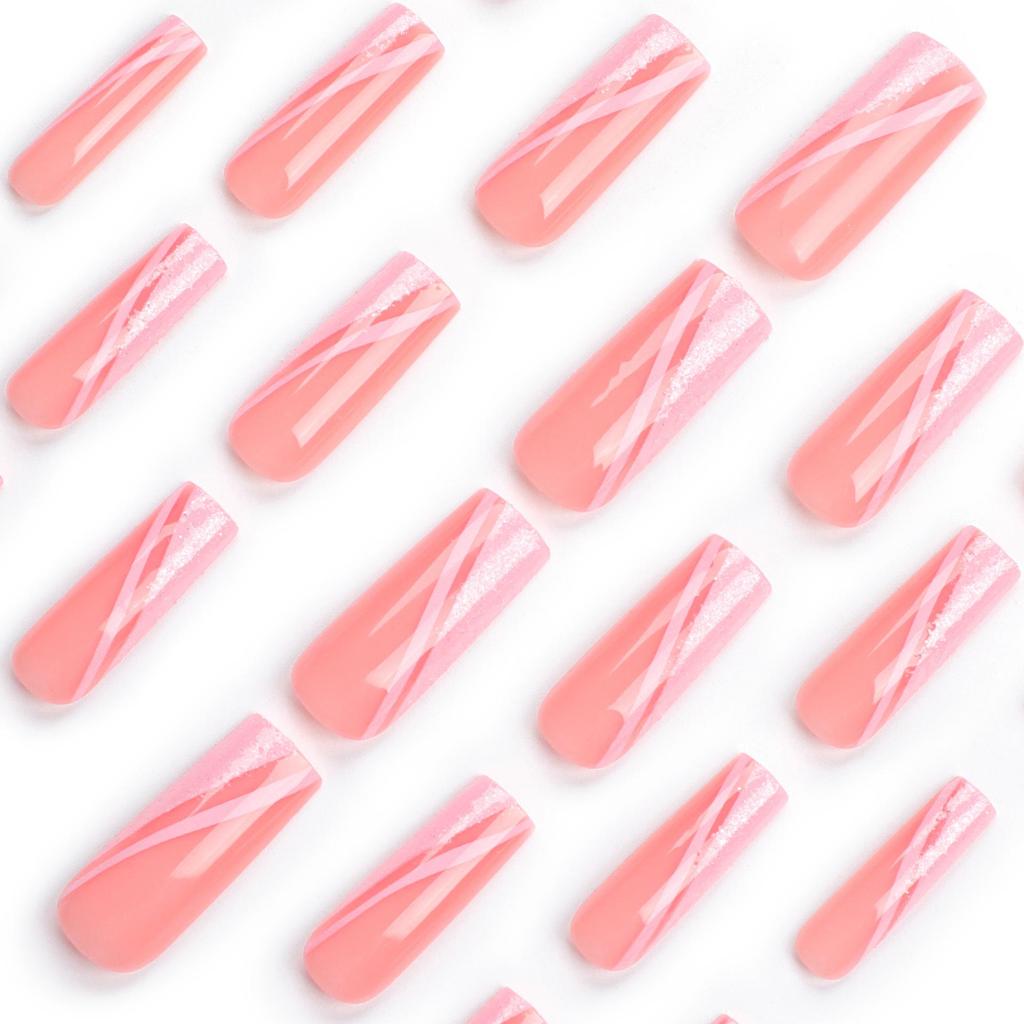 Removable Pink Glitter Patchwork Long Wearable Nails with Nail Art Tips