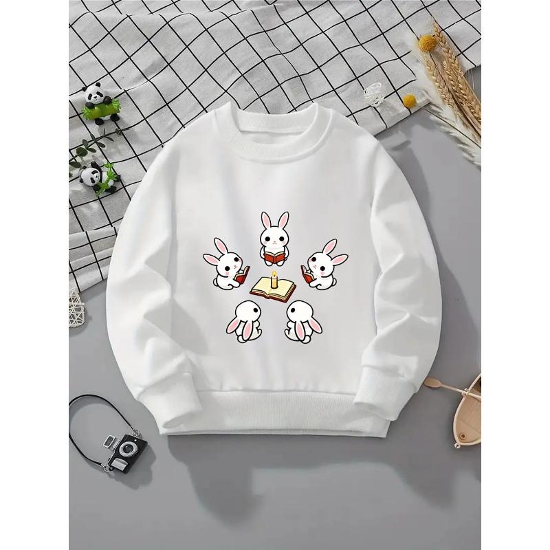European sizes Kids' Crewneck Sweatshirt - Cute Rabbits Reading Books Candle , Sportswear And Casual Wear, Soft And Comfortable, Children's Clothing