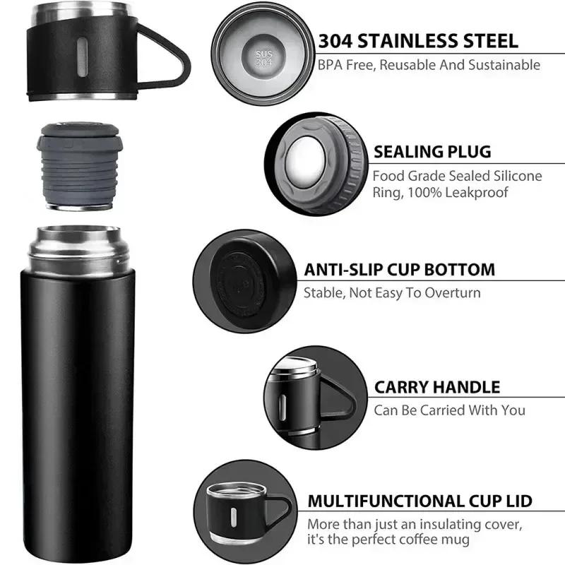 304 Stainless 500ml Steel Vacuum Insulated Water Bottle Portable Coffee Bottle Office Gift Set Business Style Travel Thermal Mug