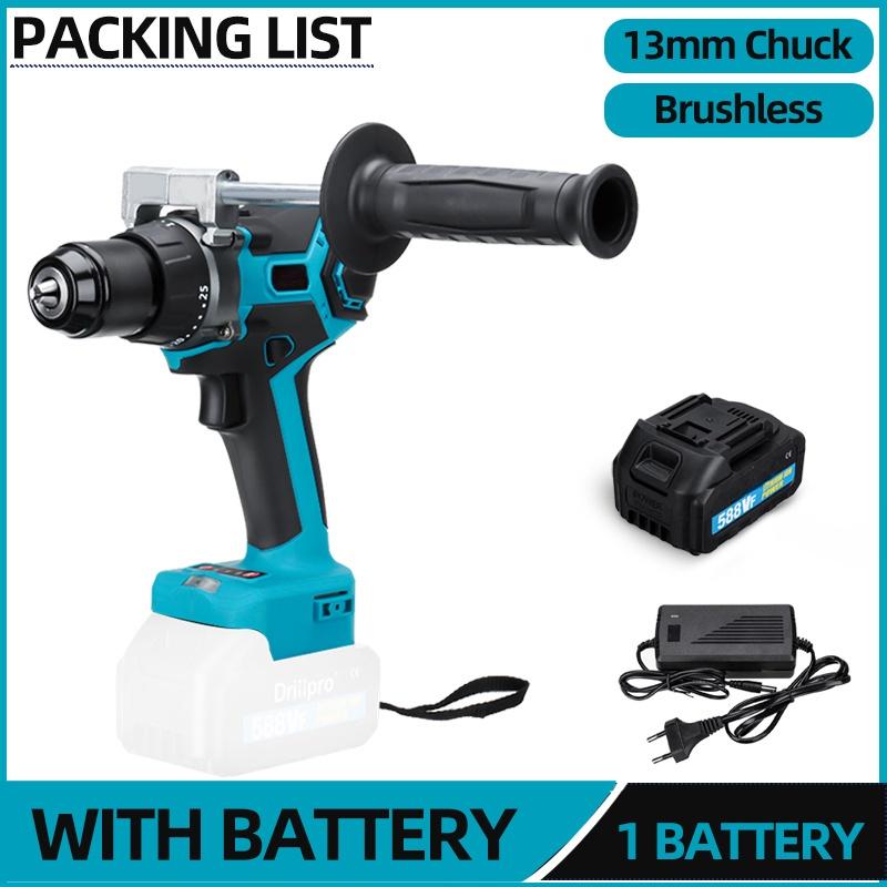 Blue Brushless Electric Impact Drill 25+3 Torque 65N.m 13mm Screwdriver Auxiliary Handle with Li-ion Battery for 18V Battery
