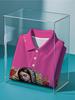 Men's Short-Sleeve Polo Shirt with Virgin Mary Print - Pink Lapel Collar Button-Front Buttoning Shirt, Full-Body Iconic Suitable for Dates, Beach
