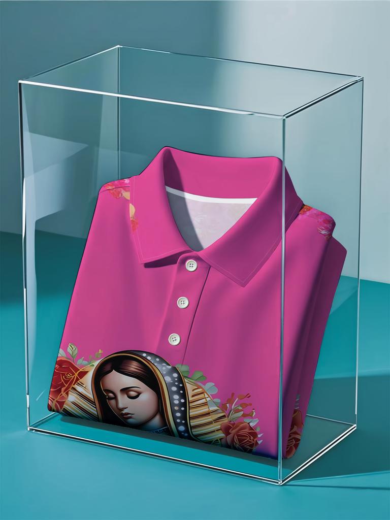 Men's Short-Sleeve Polo Shirt with Virgin Mary Print - Pink Lapel Collar Button-Front Buttoning Shirt, Full-Body Iconic Suitable for Dates, Beach