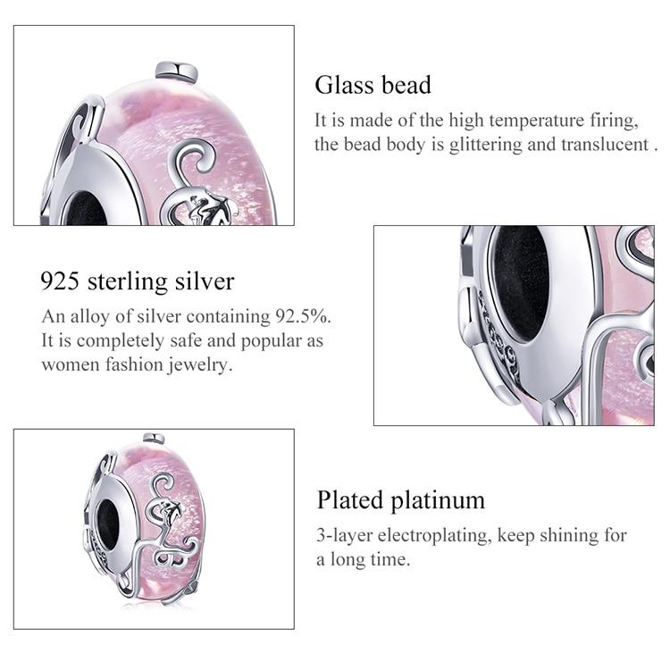 Bamoer 925 Sterling Silver Women Shiny Pink Glazed Beads Fit 3mm Bracelets DIY Jewelry