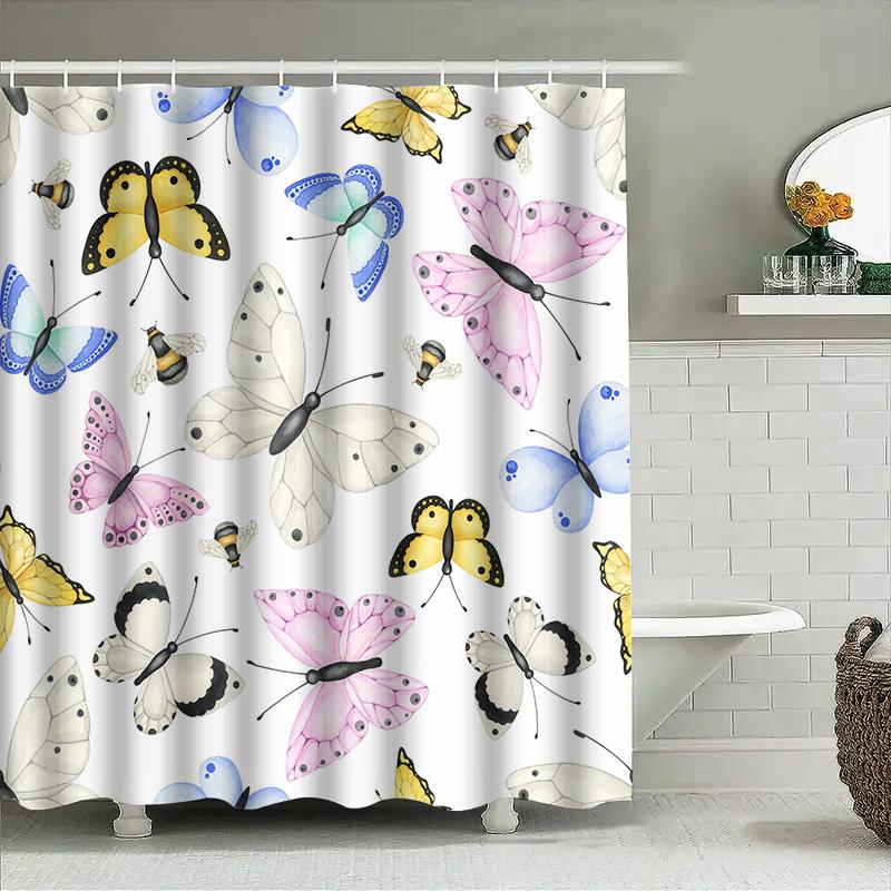 Aquarell Schmetterling Duschvorhang Set, Wasserdichter Stoff, Dekorative Badezimmer Wandbehängung Gelb, Rosa, Blau, Weiße Farben In