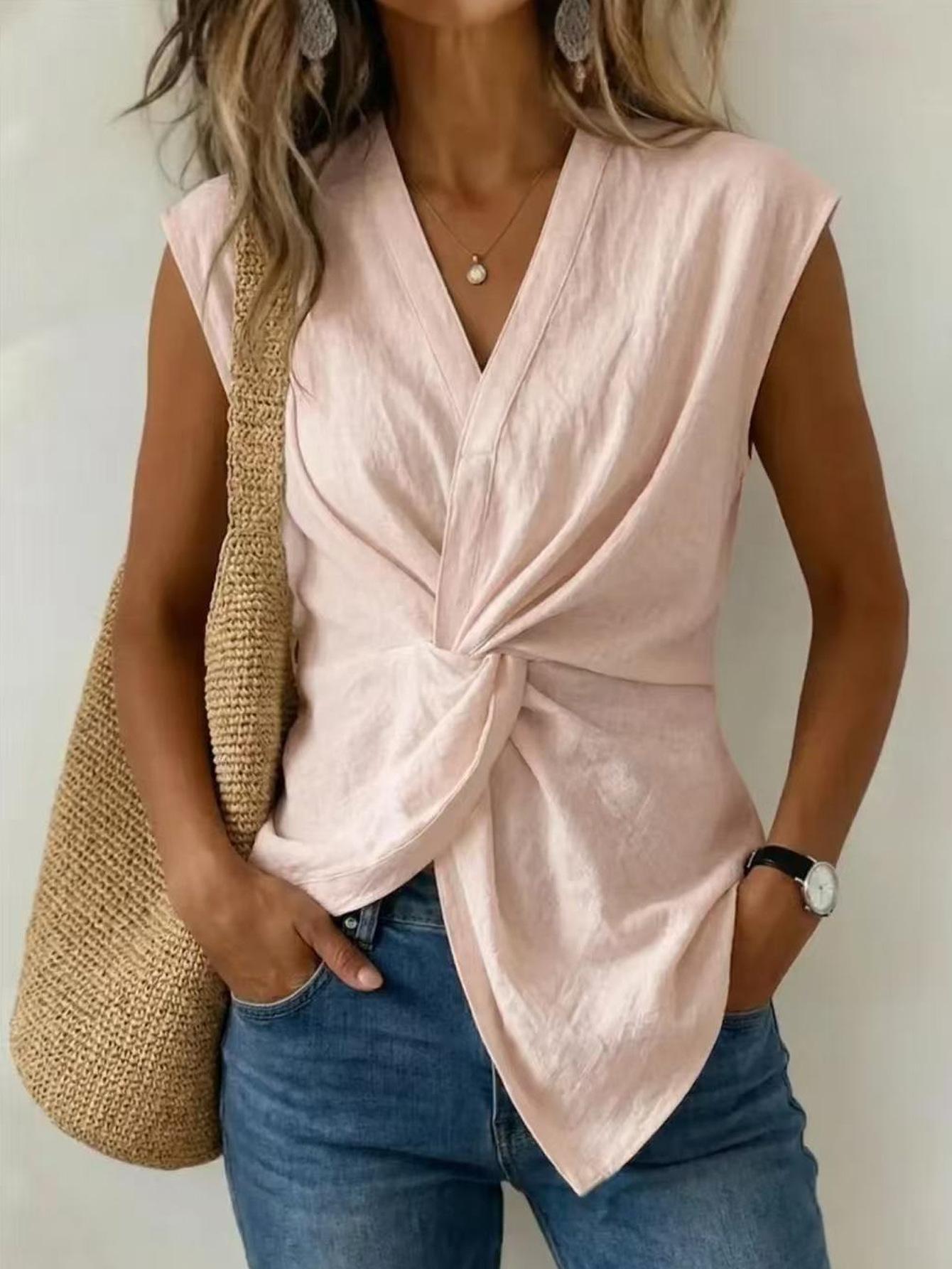 European and American French shirt vest women s 2026 new summer temperament knot V-neck short-sleeved T-shirt vest S