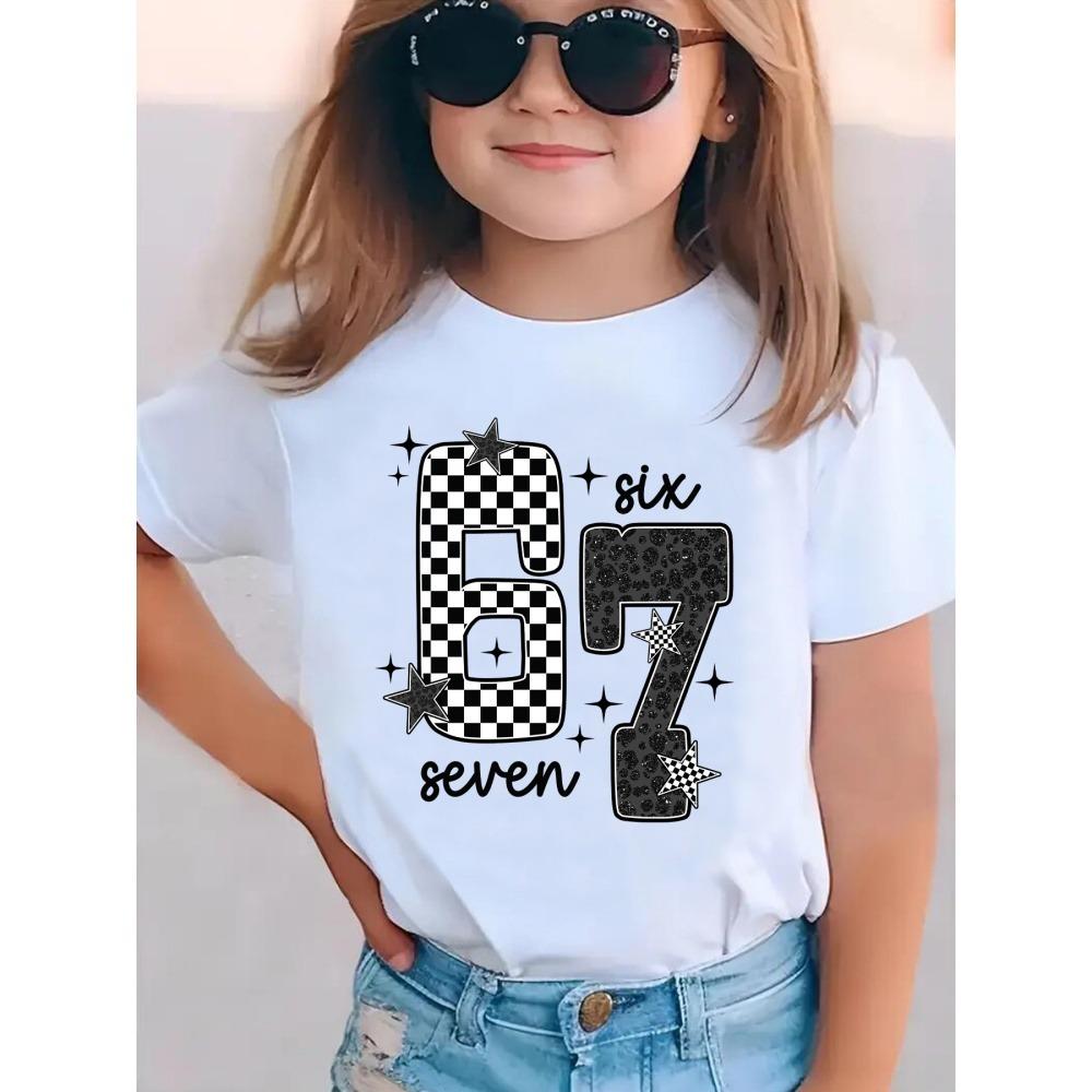 Tricou Fete cu Imprimeu Număr 67 Mânecă Scurtă Gât Rotund Top Casual Tricouri Vară Confortabil Modă Îmbrăcăminte Copii