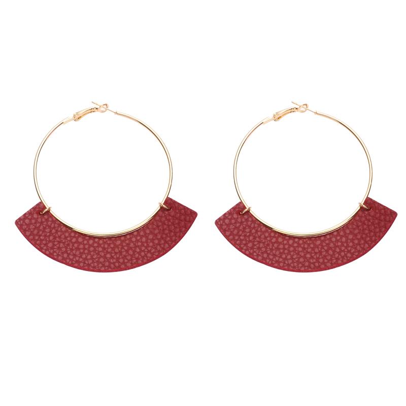 

New Design Fashion Big Metal Hoop Faux Litchi Leather Earrings For Women Round Circle Ethnic Vintage Earrings Zircon Gift винный