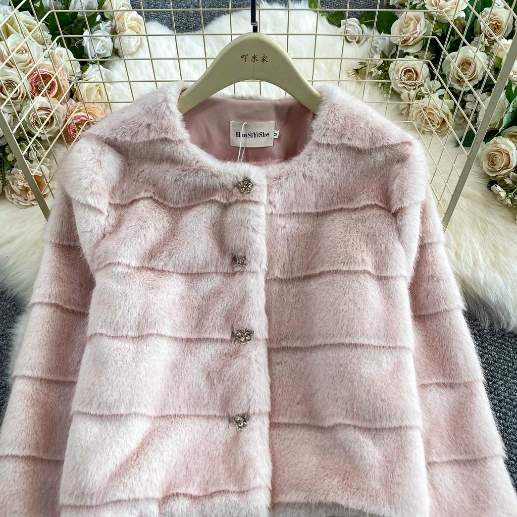 Autumn Winter Women Luxury Soft Mink Faux Fur Warm Short Jacket Diamond Button Single Breasted Christmas Outerwear Coat