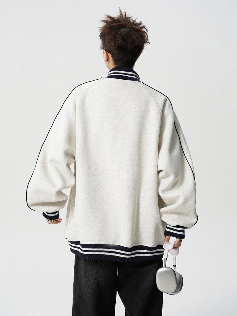 Pánská retro vysokoškolská pruhovaná baseballová bunda - Zimní fleecem podšitý vyšívaný svrchní oděv