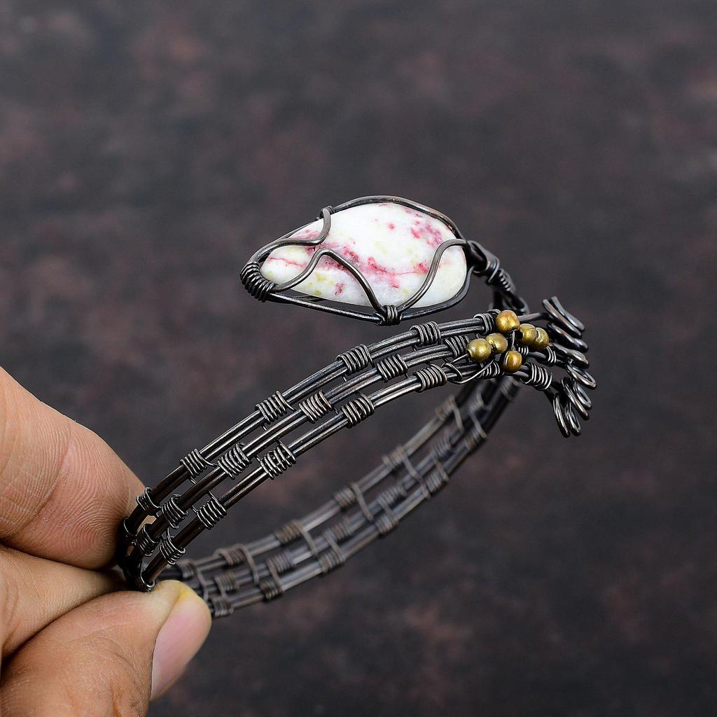 Brățară Manșetă Cinabru, Brățară Manșetă Înfășurată cu Sârmă de Cupru, Bijuterii cu Pietre Prețioase, Brățară Manșetă Ajustabilă, Manșetă Făcută Manual, Bijuterii din Sârmă de Cupru, Cadou Pentru Mamă