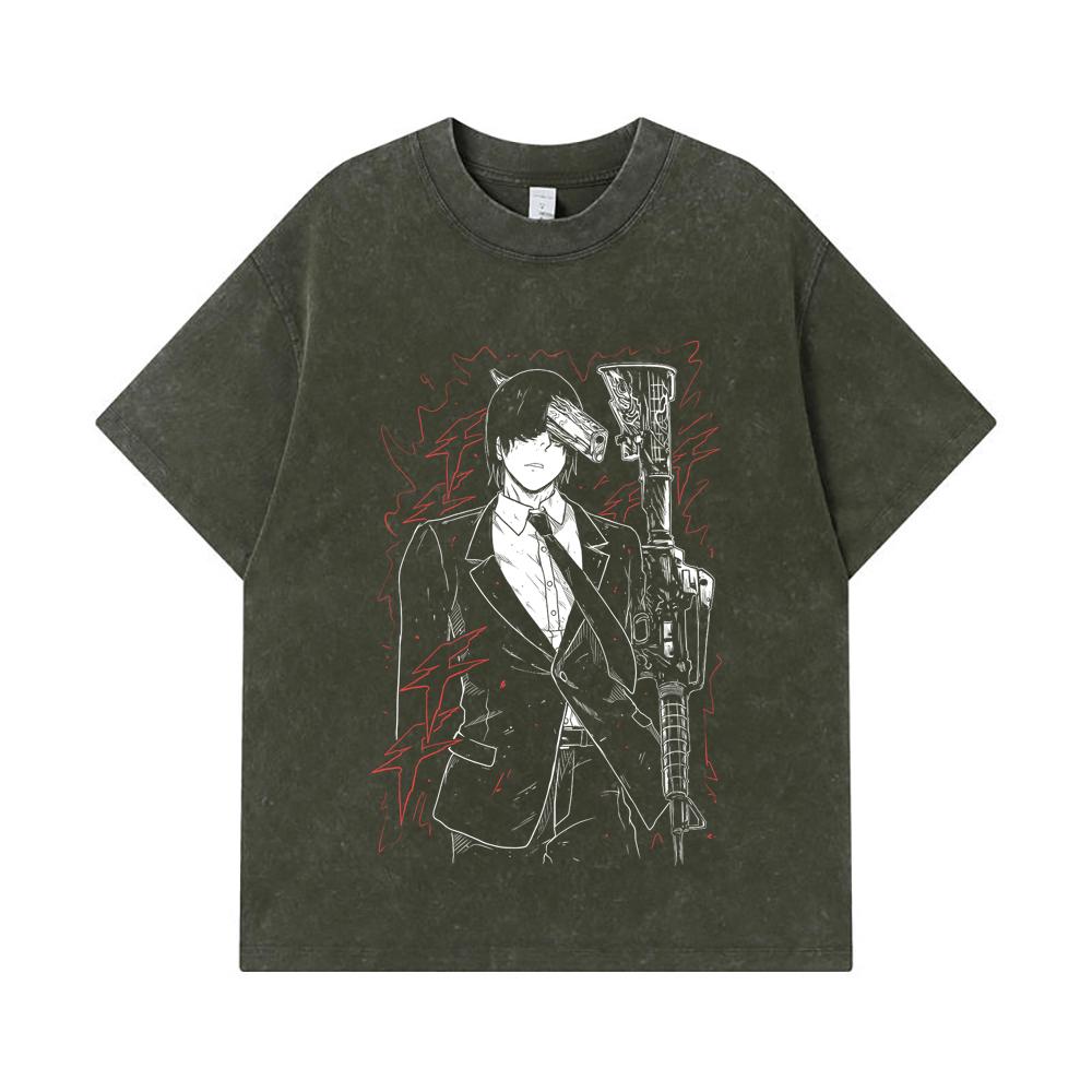 

275 GSM Washed T-shirts 100% Cotton Chainsaw Man V30 Gun Devil Print Unisex Heavy Cotton T Shirt S