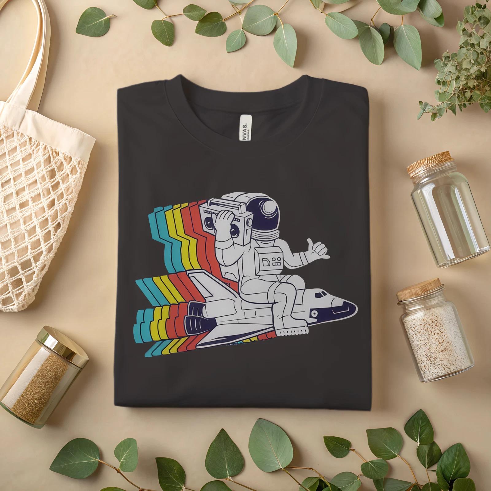 Retro Astronaut T-Shirt – Vintage Space Shuttle Boombox Graphic Tee A478 S