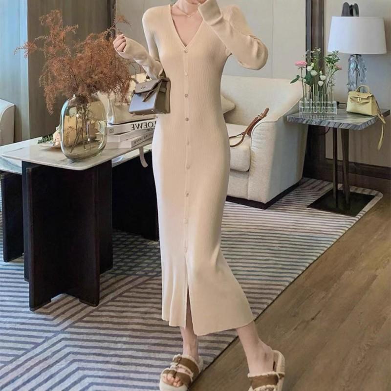 Elegant V-Neck Knit Midi Dress Women Slim Fit Long Sleeve Wrap Front Button Up Winter Office Wear
