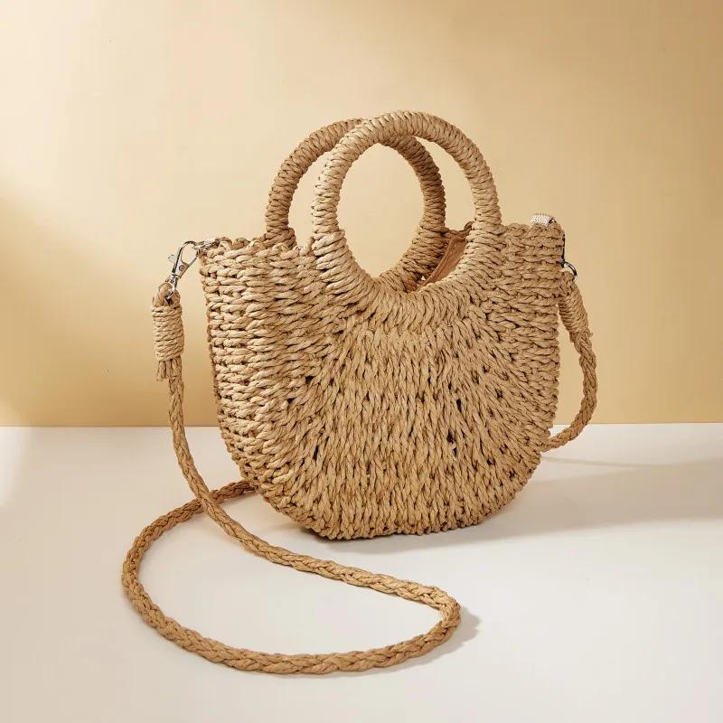 Handwoven Straw Rattan Half-Moon Beach Handbag Large Capacity Women Summer Hollow Out Shoulder Bag Crossbody Bags
