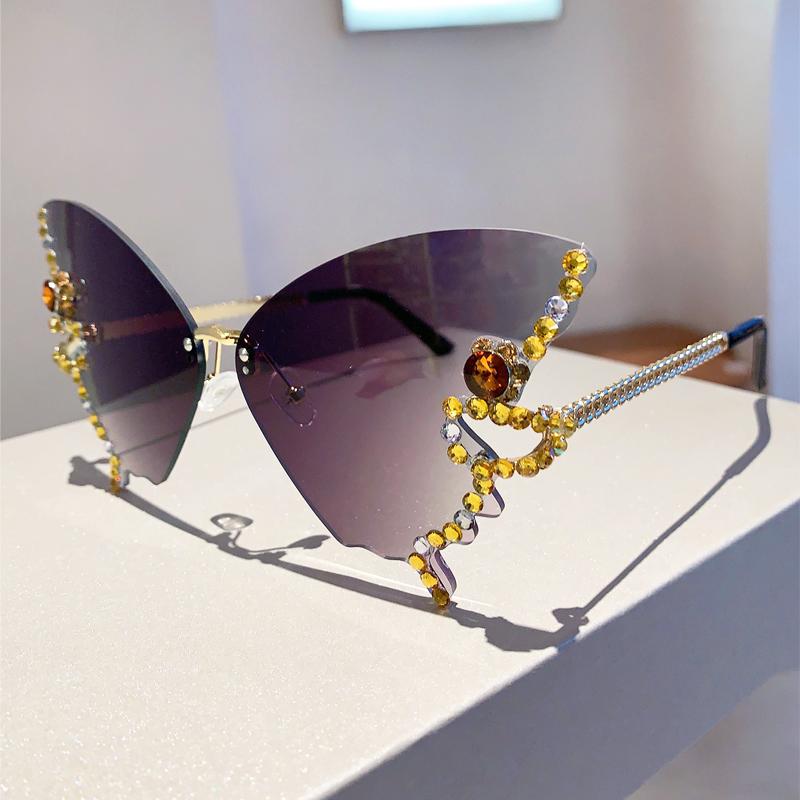 Rimless Butterfly Sunglasses with Rhinestones  New Gradient Multicolor Women Shades Trendy Oversized Party Eyewear