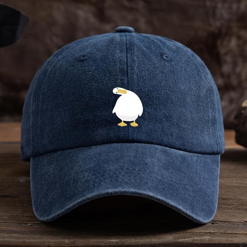 Cute duck print baseball cap with adjustable snap button, breathable fabric, outdoor casual headpiece
