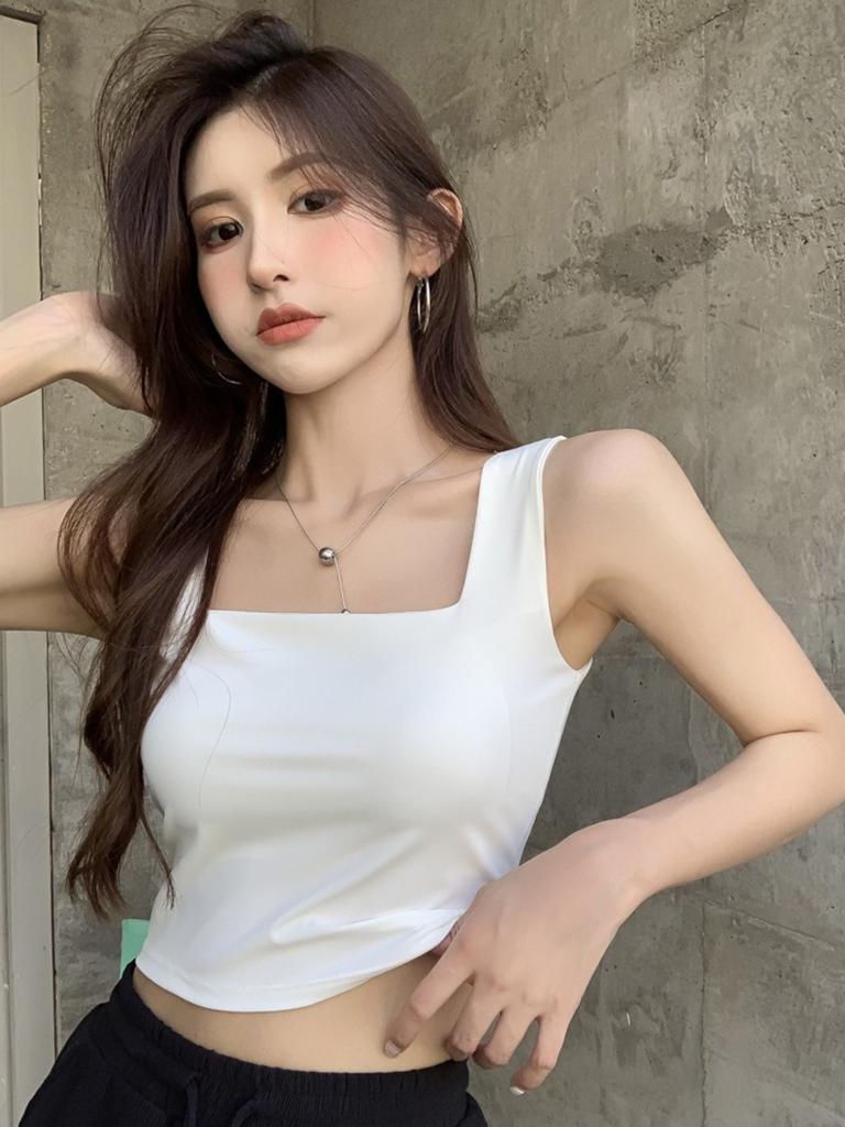 Ice Silk Wide Strap Camis Women Solid Color Square Neck Crop Tops Fashion Padded Tube Top Female Sleeveless Camisole