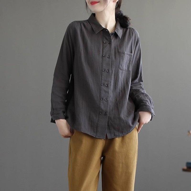 Korean Style Double-Breasted Women's Shirt, Polo Collar, Cotton Linen, Long Sleeve, Loose Fit, Perfect for Spring/Autumn