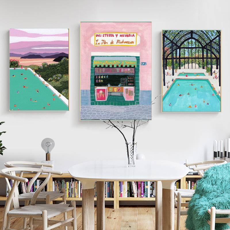 Kreskówka letni basen rośliny zielone sklep z napojami obraz na płótnie plakat artystyczny i druki obraz do wystroju salonu