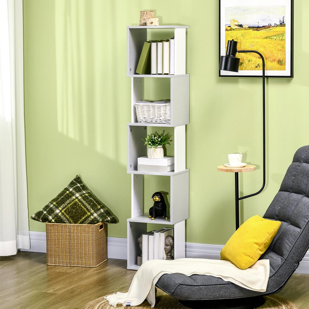 Modern 5-Tier Bookshelf, Freestanding Bookcase Storage Shelving for Living Room Home Office Study, White and Light Grey